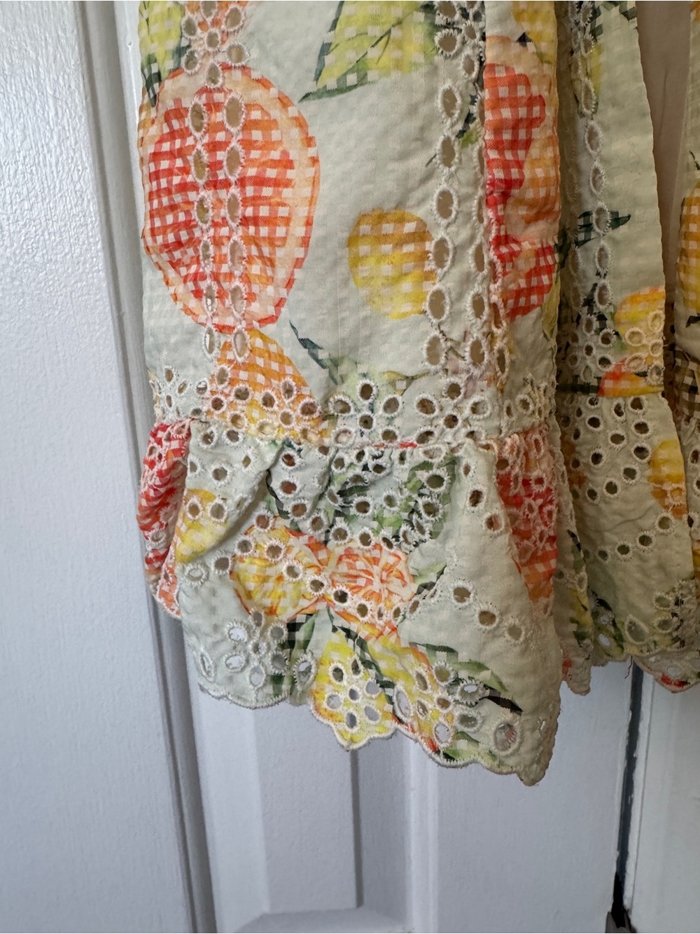 Sunny Lemon and Orange Print Eyelet sleeveless lined Midi Dress - Picture 7 of 14